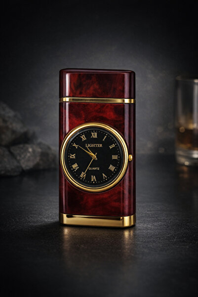 AYKE AKSESUAR Kişiye Özel İsim Baskılı Saatli Ahşap Desenli Işıklı Turbo Çakmak