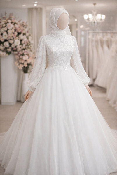 ÖZEL DİKİM Dantelli Balon Kollu TESETTÜR GELİNLİK4