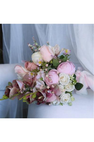 DUGİNA Modern Gelin Buketi Pembe Orkide Gül Şakayık Nişan Çiçeği Damat Yaka Ö...