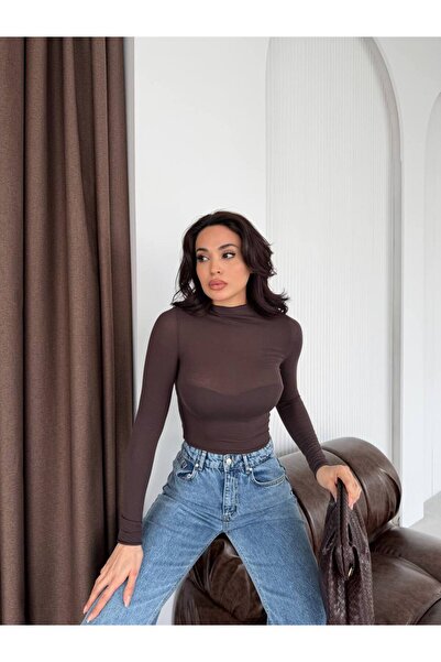 DAME Bluză transparentă din cașmir pentru femei guler ridicat Trend