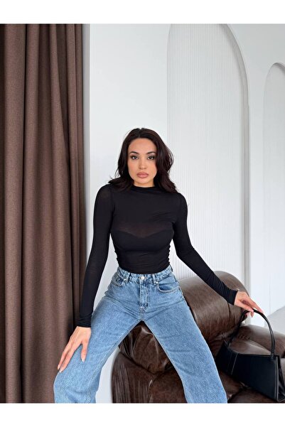 DAME Bluză transparentă din cașmir pentru femei guler ridicat Trend