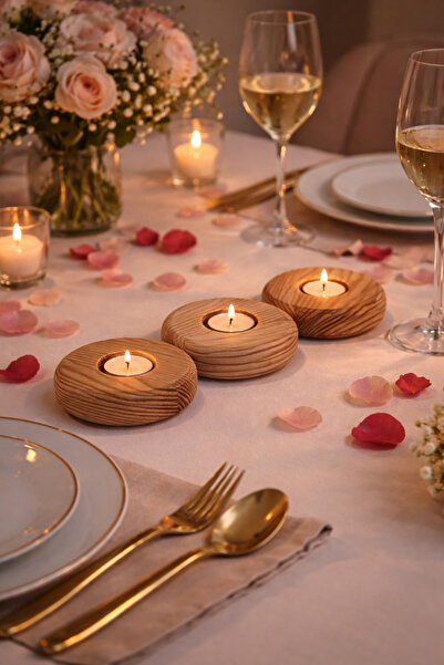 efholde Ahşap Doğal Dekoratif Yassı Daire Mumluk Şamdan 3' Lü