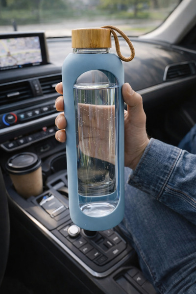 MİMOZA PARK 1 Liter Borosilicate Glass Flask Bamboo Vacuum Lid Water Bottle D...