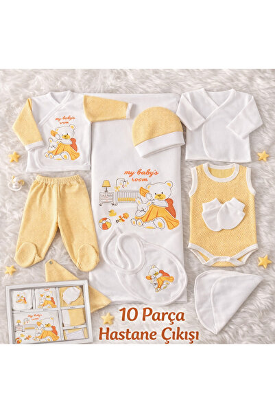 Petino Ayıcık Nakışlı 10 Parça Sarı Yenidoğan Hastane Çıkışı – %100 Pamuk Yum...