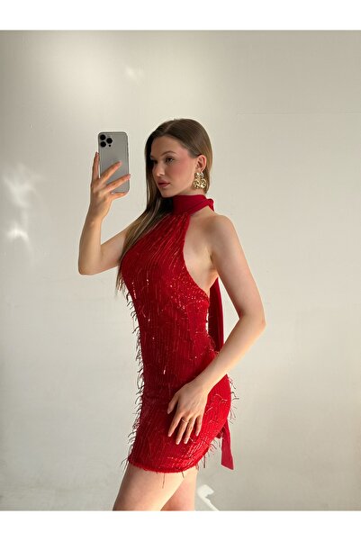 S&A Collectionn Mini rochie cu paiete, cu franjuri, cu decolteu înalt, fără s...