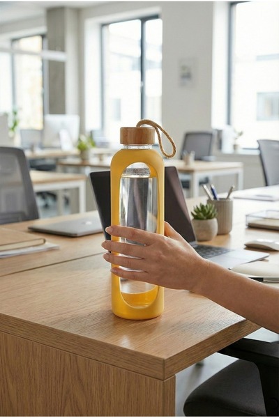 MİMOZA PARK 1 Liter Borosilicate Glass Flask Bamboo Vacuum Lid Water Bottle D...