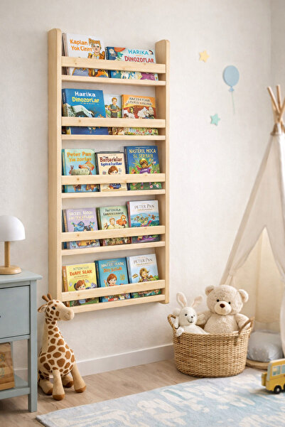 Holly Touch Montessori Çocuk Kitaplığı – Doğal Masif Ahşap Duvar Rafı 150*75*10