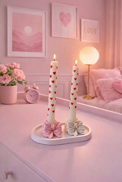 EYO Minimal Kurdele Fiyonk Detaylı İkili Mumluk&Tabak Seti | Dekoratif Sunuml...