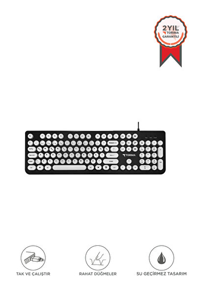 Torima Kablolu Q Klavye Retro Daktilo Görünümlü TK09 Siyah Beyaz