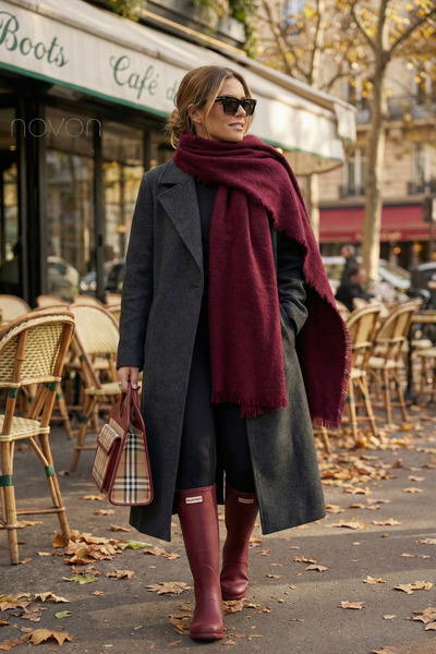 novon Eșarfă lungă de iarnă cu franjuri, de culoare burgundă, la modă