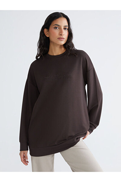 LC Waikiki Brown Los Angeles Embroidered Women's Sweatshirt Tunic