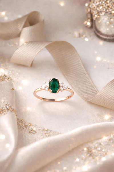 Siset Gümüş 925 Ayar Oval Zümrüt Taşlı Gümüş Yüzük