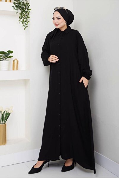 TRENDTESETTÜR KADIN SİYAH GÖMLEK YAKA ELBİSE T 9988