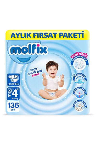 Molfix Bebek Bezi 4+ Beden Maxi Plus Aylık Fırsat Paketi 136 Adet