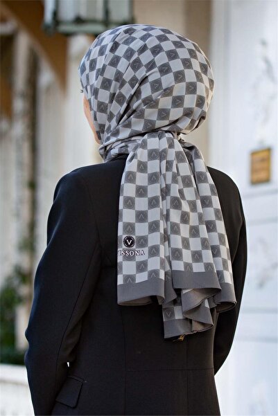 Vissona قماش حرير المدينة الفاخر بنمط مونوغرام فضي - لون رمادي 75X195 شال غير...