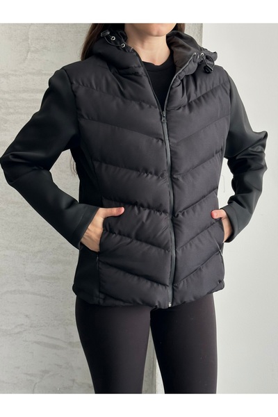 moda armanc Kadın Siyah Kapüşonlu Termal Şişme Mont - ZR Range Rover Mom Kont...
