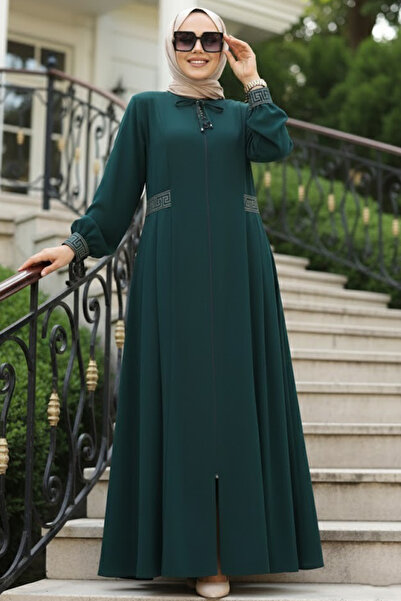 N.S NEVA STYLE Μαλλί με λεπτομέρεια από πλέγμα σμαραγδί πράσινο χρώμα Tesettü...