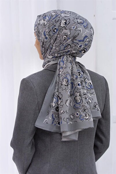 Vissona LÜKS MEDİNE İPEĞİ ÇİÇEKLİ KREM - İNDİGO  RENKLİ 75X195 KIRIŞMAZ ŞAL M...