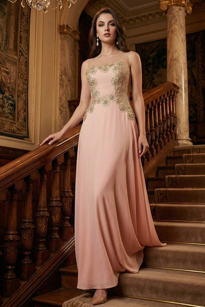 Neva Style Çiçek Detaylı Somon Abiye Elbise 7029SMN