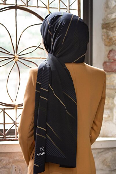 Vissona LÜKS MEDİNE İPEĞİ ÇAPRAZ ÇİZGİLİ DESENLİ SİYAH RENKLİ 75X195 KIRIŞMAZ...