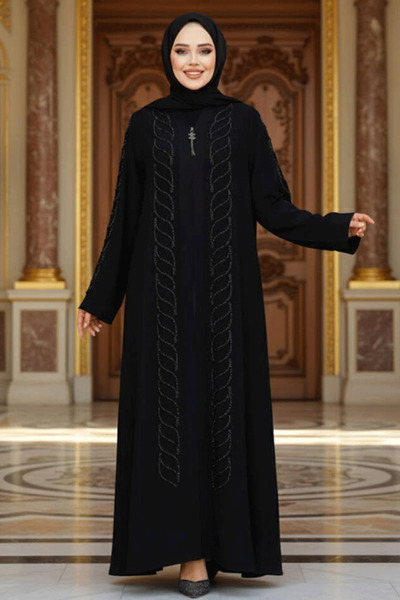 Neva Style Boncuk İşlemeli Siyah Tesettür Ferace 29122S