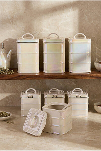 Perotti Bianca Pearl 7'li Porselen İnci Sedefli Kulplu Kapaklı Kare Form Baha...