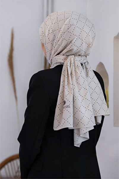 Vissona LÜKS MEDİNE İPEĞİ V DESENLİ KREM RENKLİ 75X195 KIRIŞMAZ ŞAL MOSS KREP...