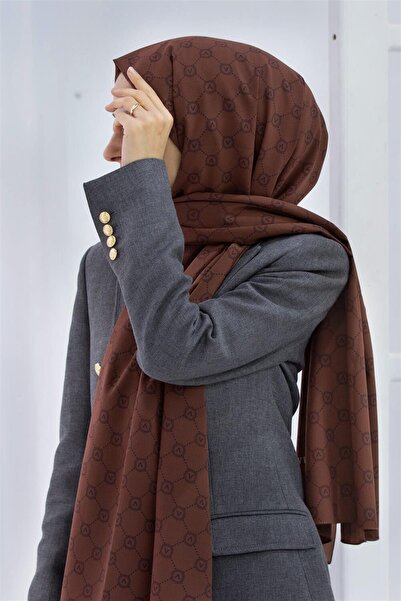 Vissona LÜKS MEDİNE İPEĞİ MONOGRAM DESENLİ TABA RENKLİ 75X195 KIRIŞMAZ ŞAL MO...