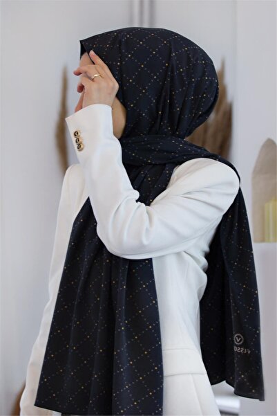 Vissona LÜKS MEDİNE İPEĞİ V DESENLİ SİYAH RENKLİ 75X195 KIRIŞMAZ ŞAL MOSS KRE...