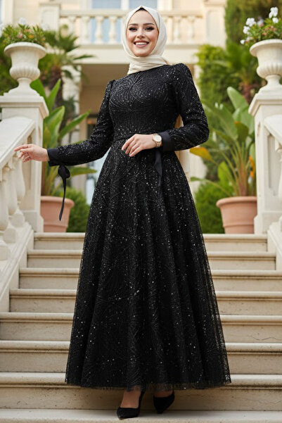 Neva Style - فستان سهرة حجاب أسود مطرز بالترتر 4908S