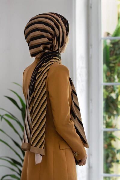 Vissona LÜKS MEDİNE İPEĞİ ÇİZGİ DESENLİ BEJ RENKLİ 75X195 KIRIŞMAZ ŞAL MOSS K...