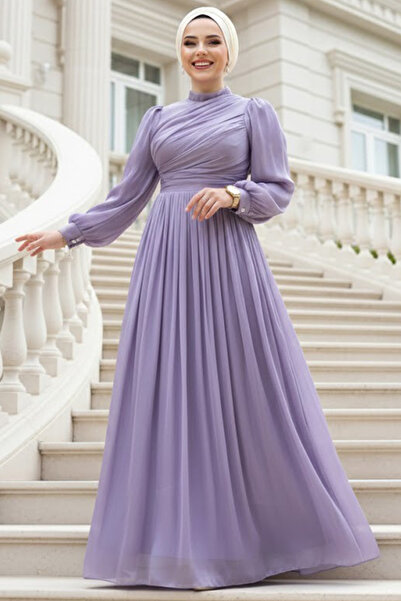 N.S NEVA STYLE ثنيات فستان سهرة حجاب أرجواني مفصل 44081LILA