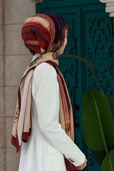 Vissona LÜKS MEDİNE İPEĞİ ÇİZGİ DESENLİ BORDO RENKLİ 75X195 KIRIŞMAZ ŞAL MOSS...