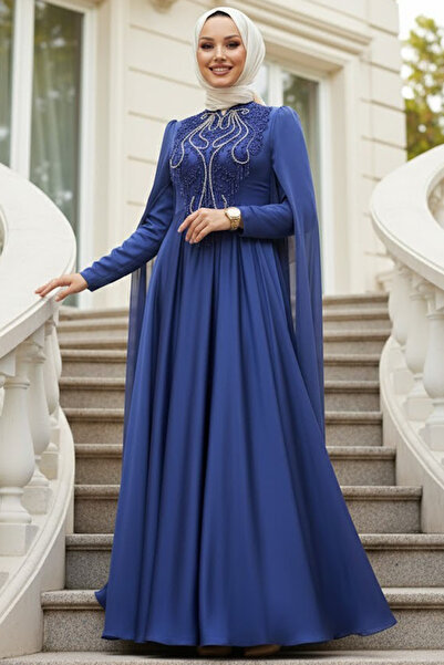 Neva Style Pelerinli İndigo Mavisi Tesettür Abiye Elbise 22140IM