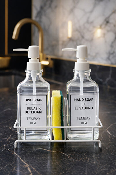 TEMBAY Beyaz Pompalı ve Metal Standlı İkili Cam Sıvı sabunluk Seti 500ml
