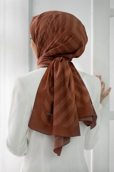 Vissona LÜKS MEDİNE İPEĞİ ZİGZAG DESENLİ TABA RENKLİ 75X195 KIRIŞMAZ ŞAL MOSS...