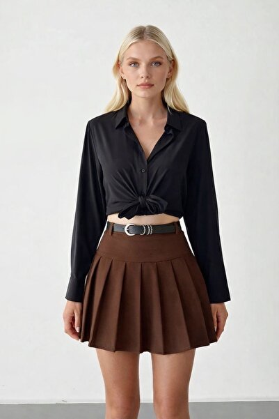 İLKCET MODA Curea pliată maro pentru femei, cu detaliu fustă pantalon scurtă