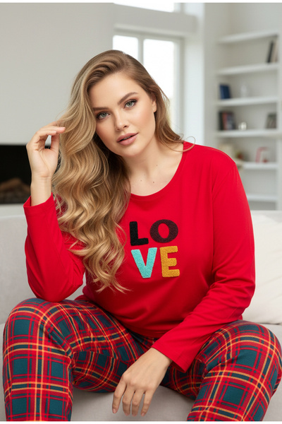 Siyah İnci Червоний візерунок Curve Великий розмір Бавовняний піжамний компле...