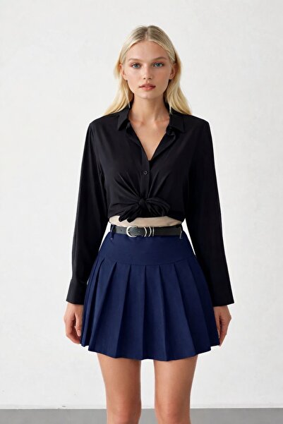 İLKCET MODA Fusta scurtă cu centură pliată bleumarin pentru femei