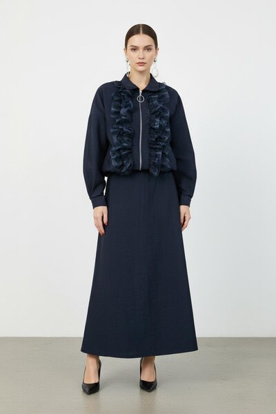 Loreen Women's Ruffle and Lace Detailed Zippered Jacket Set - 20707Tkm - Navy