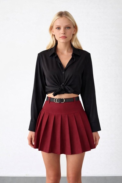 İLKCET MODA Γυναικεία μπορντό πλισέ φούστα με λεπτομέρεια με ζώνη