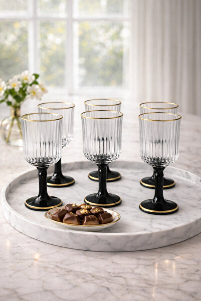 YzHome 6 Lı Cam Yaldızlı Kahve Yanı Su Bardağı Kadeh Kupa Bardak 75ml