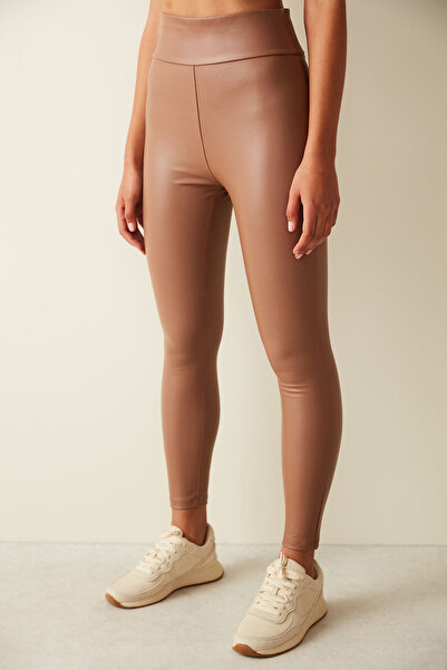 Penti Brown Extra High Waist Leather Look Ankle Length Thermal Leggings