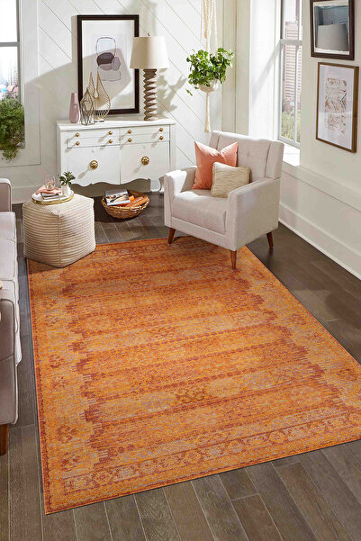 Konfor Halı Antik 1115 Klasik Vintage Salon Halısı Turuncu Retro Mutfak Halıs...