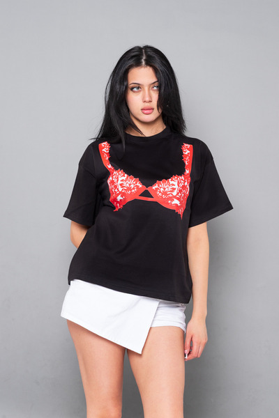 CİNEMA MODA Sutien roșu cu imprimeu croi relaxat Femei negre tricou