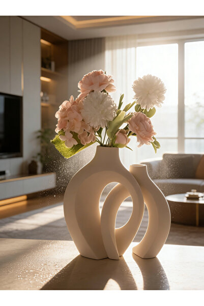 Generic Leon Home Scandinavian Ceramic Vases - 2-Piece Beige Intertwined Design