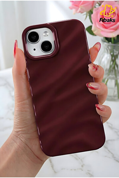 Fibaks iPhone 13/14/15 Kılıf Parlak Kabartmalı Dalga Tasarımlı Desenli Mürdüm...