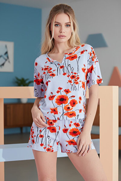 Siyah İnci Комплект пижама от плетена тениска и шорти с флорален мотив в синь...