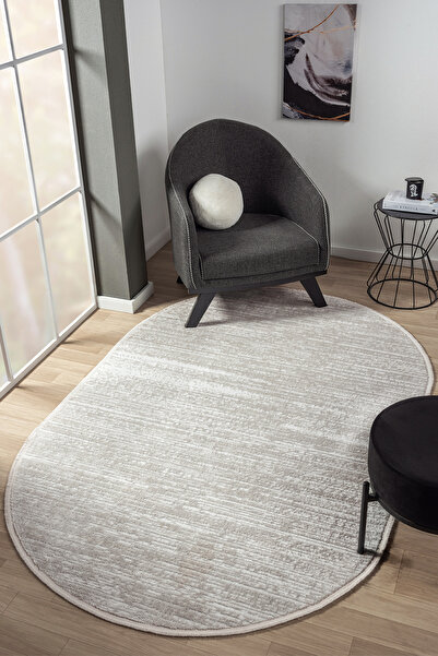 Konfor Halı Konfor Jasmine 1452 Oval Krem Bej Modern Dokuma Saçaklı Halı Mutf...