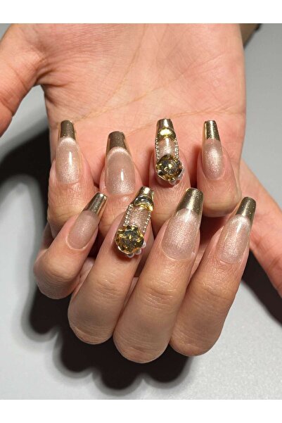 wow kutu S34 M Beden Nude Altın French Kedi Gözü Taşlı Protez Jel Takma Tırna...